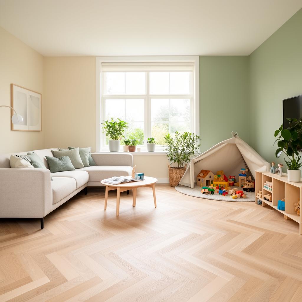 Lichte woonkamer met visgraat houten vloer en speelhoek
